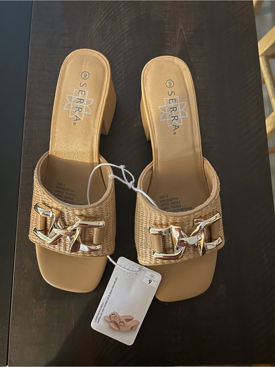 Serra Shoes - Serra Tan Woven Block Heel Mules with Gold Chain Detail